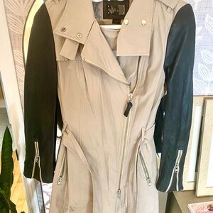 Mackage Tan Trench with Black Leather Sleeves Size Medium
